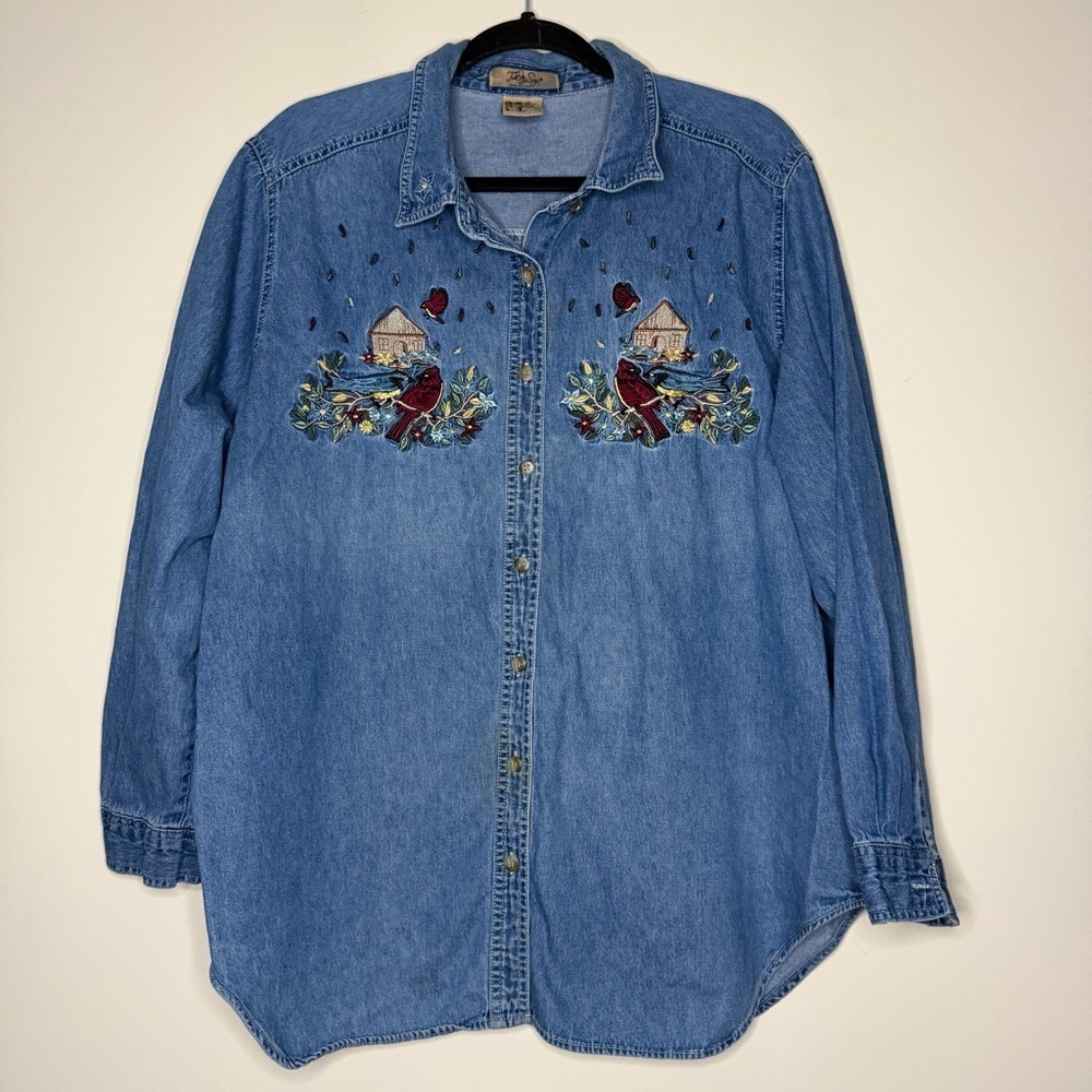 Embroidered Cardinals Birdhouse Geannycore Buttondown Denim Shacket Shirt